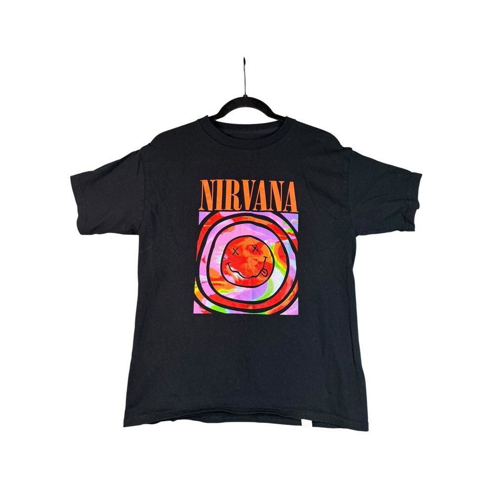 Nirvana Graphic T-Shirt Black Psychedelic Smiley Face Band Tee Small